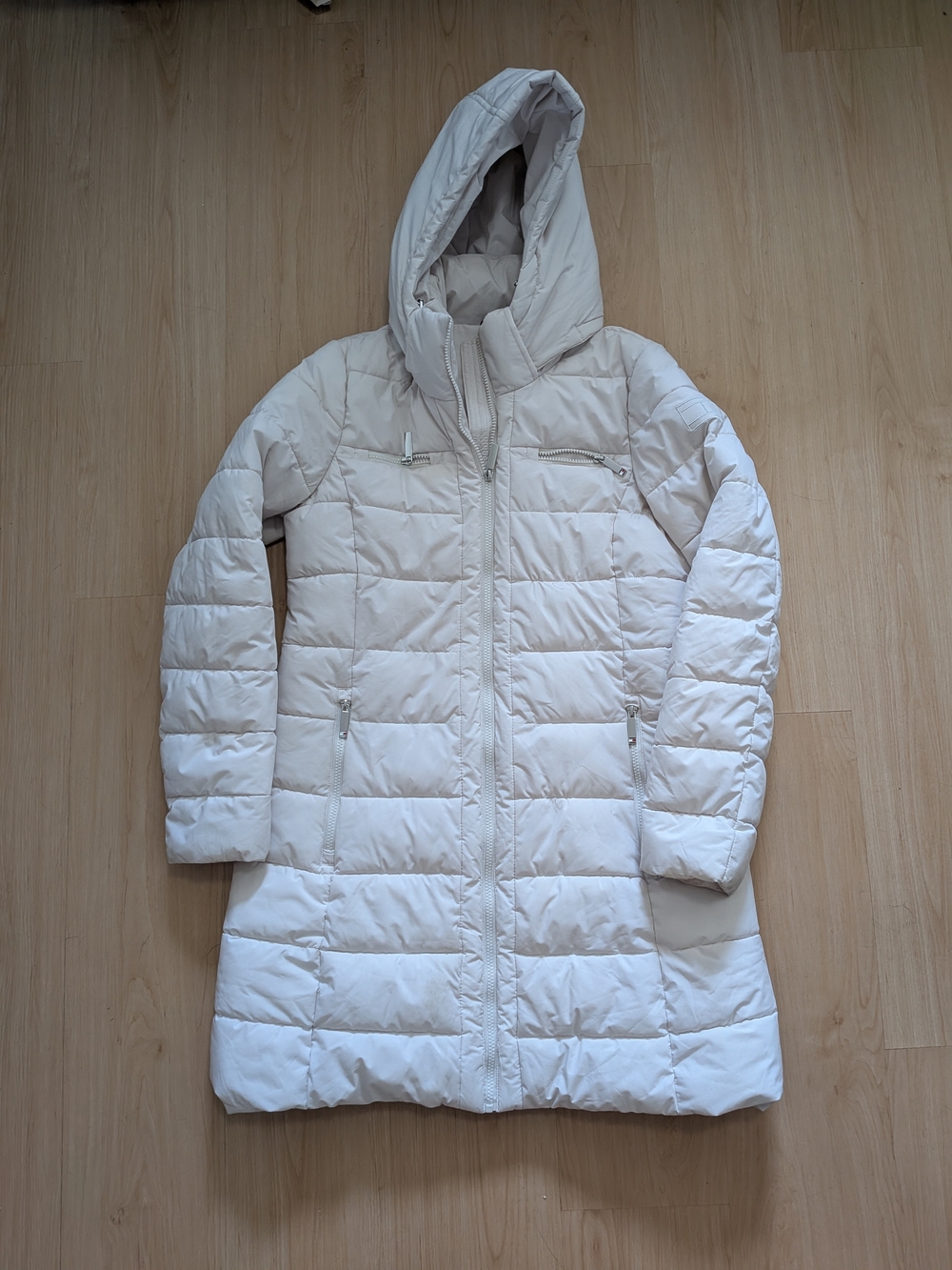 Tommy Hilfiger TH Flex Puffer Jacket Women's Beige Hooded Coat Size Medium